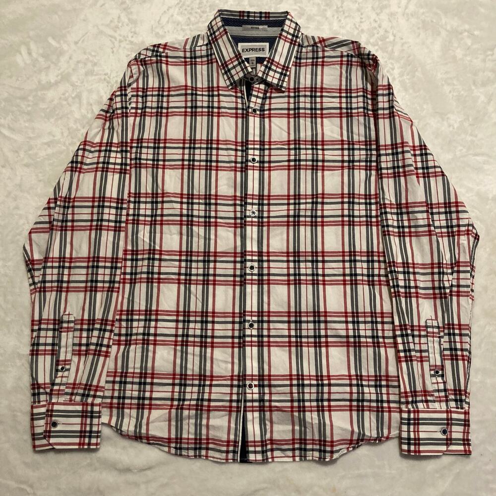 Express Mens Fitted Long Sleeve Button Down Plaid Shirt XL 17-17.5 Red White